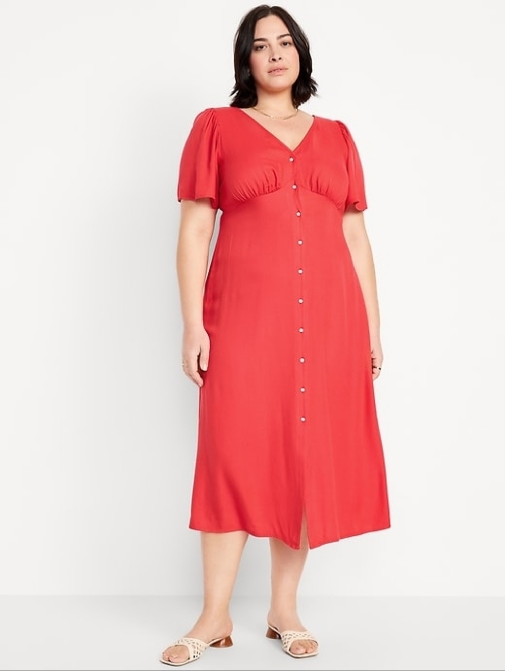 Old Navy Womens Waist-Defined Midi Dress Size L Milkmaid Button Through Red Euro